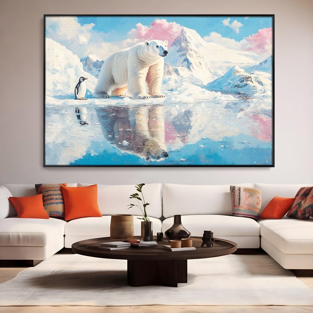 Tablou canvas cu tablou cu urs polar si pinguin pe ghetar, in rama de aluminiu negru, pe perete intr-un living